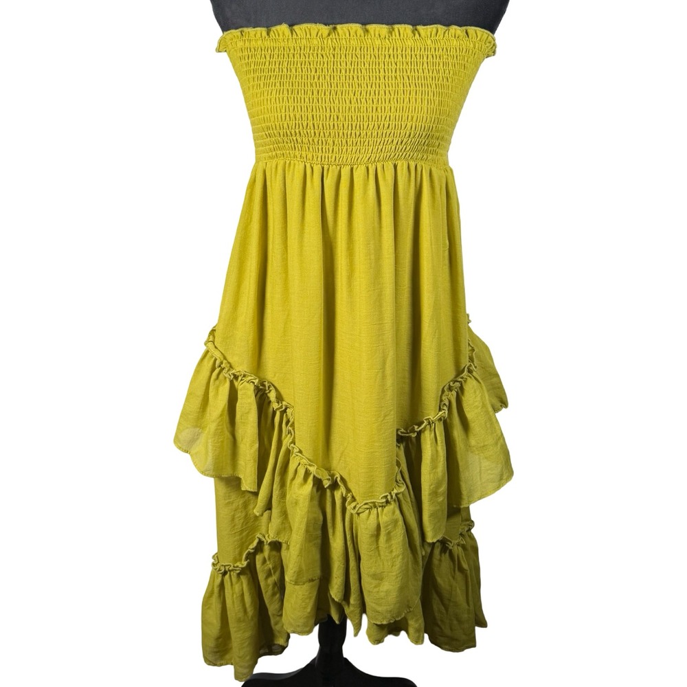 LIFE Chartreuse Green Smocked Ruffle Tiered Strapless Midi Dress Womens Medium